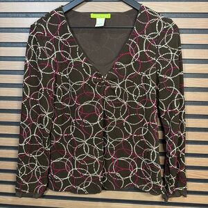 Sigrid Olsen Sheer V-neck Brown and Pink Geometric Women Top